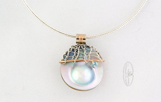 Mabe Pearl & Aquamarine Half Knitted Pendant