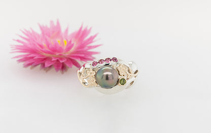 Geraldton Wax Pearl Green Diamond Pink Spinel Ring