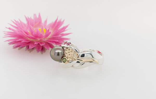 Geraldton Wax Pearl Green Diamond Pink Spinel Ring