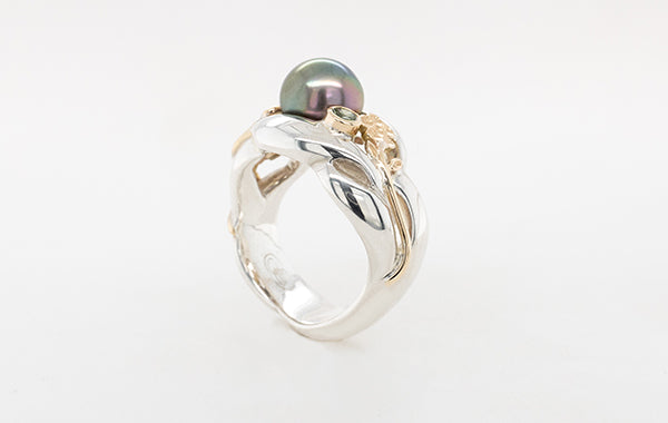 Geraldton Wax Pearl Green Diamond Pink Spinel Ring