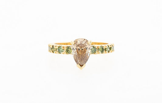Champagne Pear & Green Diamond Ring