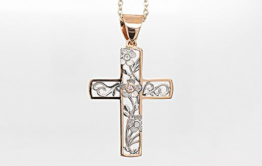 Cross Pendant Pink Dia Flower Detailing18R/W