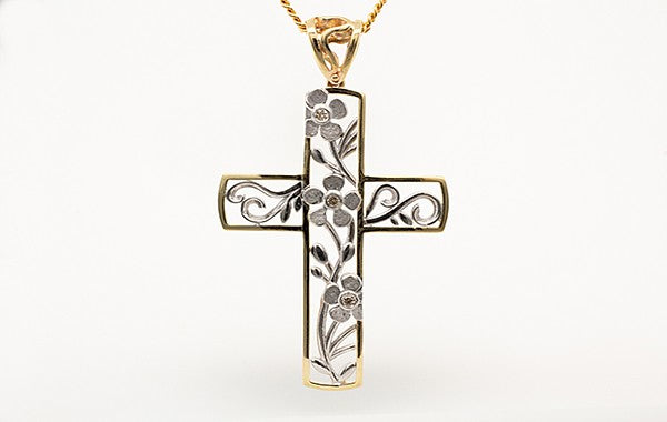 Cross Pendant with Champange Dia Flower Detailing 9Y/SS