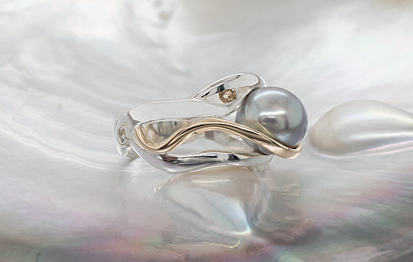 Pearl, White Diamond & Champagne Diamond Ring