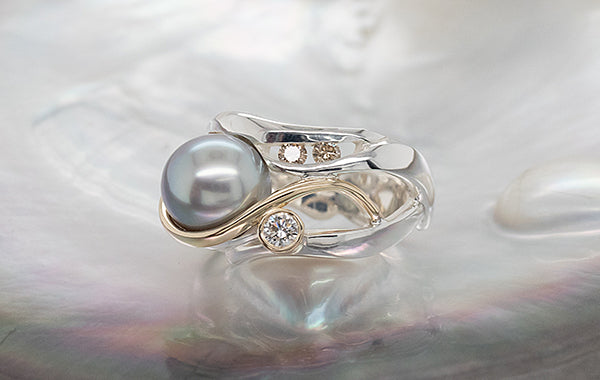 Pearl, White Diamond & Champagne Diamond Ring