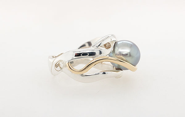 Pearl, White Diamond & Champagne Diamond Ring