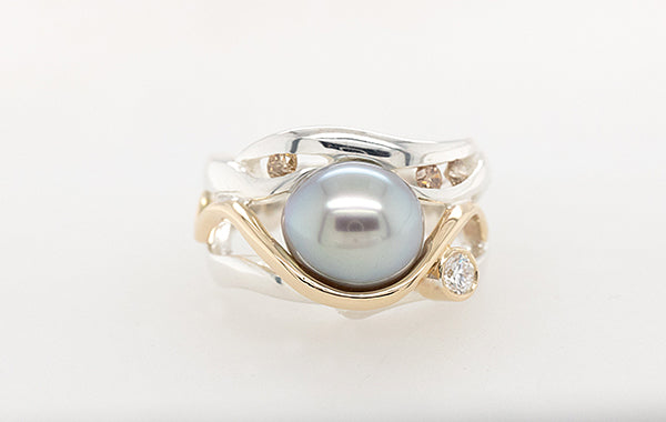 Pearl, White Diamond & Champagne Diamond Ring