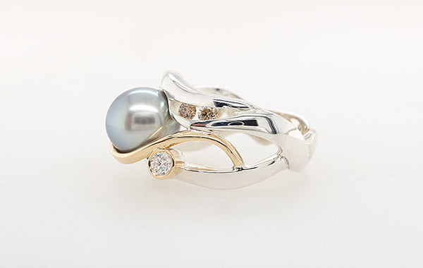 Pearl, White Diamond & Champagne Diamond Ring