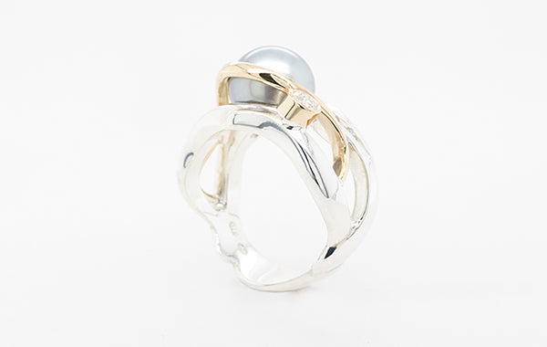 Pearl, White Diamond & Champagne Diamond Ring
