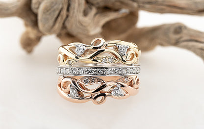 Diamond 3-Tone Stacked Vine Ring