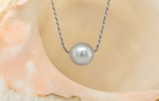 Pearl Slider Necklace, Rope Chain 9.3-9.5mm Semi Round