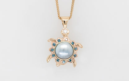 Baby Turtle Pendant with Mabe & Blue Diamonds. Articulated.