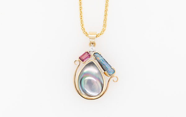 Mabe Pear, Opal, Tourmaline, and Diamond Pendant
