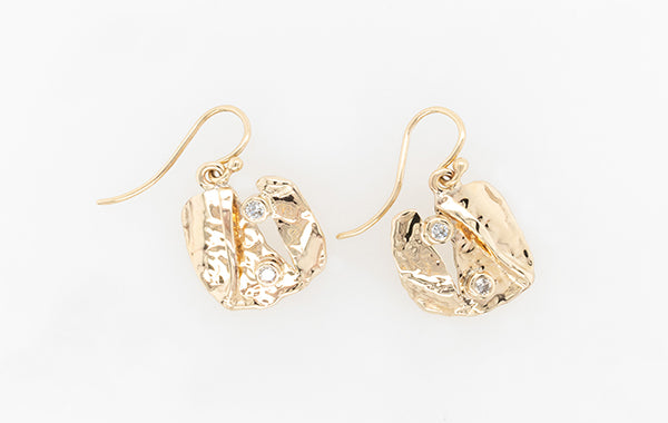 Embossed Bent Gold & Diamond Earrings
