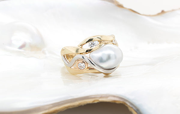 Pearl & White Diamond 3-Tone Swirl Ring
