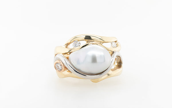 Pearl & White Diamond 3-Tone Swirl Ring