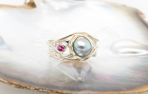 Pearl & Pink Tourmaline 2-Tone Coral Ring