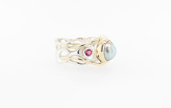 Pearl & Pink Tourmaline 2-Tone Coral Ring