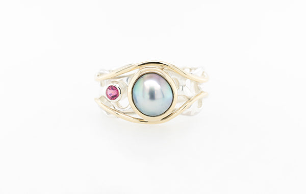 Pearl & Pink Tourmaline 2-Tone Coral Ring