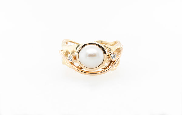 Pearl Akoya & Coral Diamond Ring
