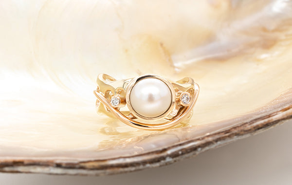 Pearl Akoya & Coral Diamond Ring