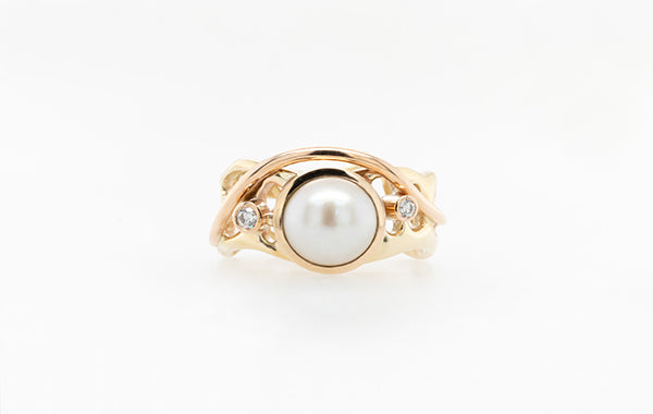 Pearl Akoya & Coral Diamond Ring