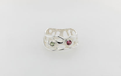 Coral, Pink Tourmaline & Green Sapphire Ring