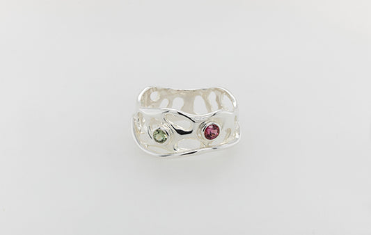 Coral, Pink Tourmaline & Green Sapphire Ring
