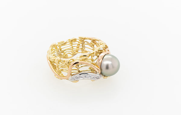 French Knitted 3 Tone Diamond & Pearl Ring