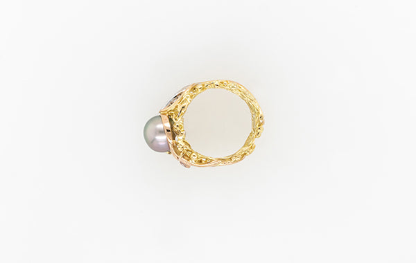 French Knitted 3 Tone Diamond & Pearl Ring