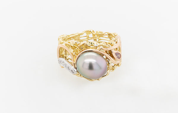 French Knitted 3 Tone Diamond & Pearl Ring