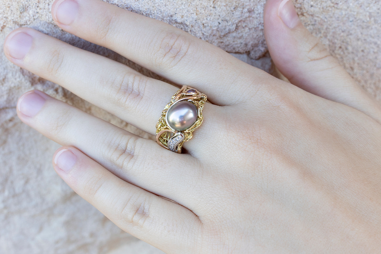 French Knitted 3 Tone Diamond & Pearl Ring
