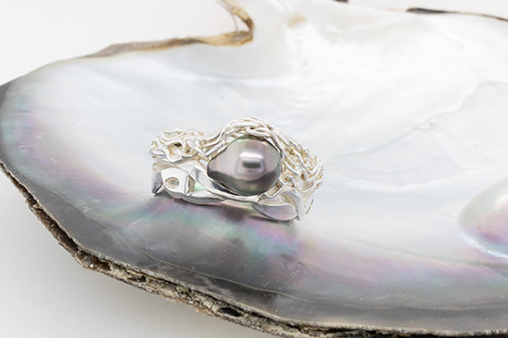 Silver Abrolhos Island Black Pearl French Knit Ring