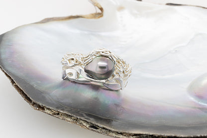 Silver Abrolhos Island Black Pearl French Knit Ring