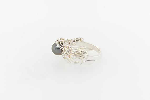 Silver Abrolhos Island Black Pearl French Knit Ring