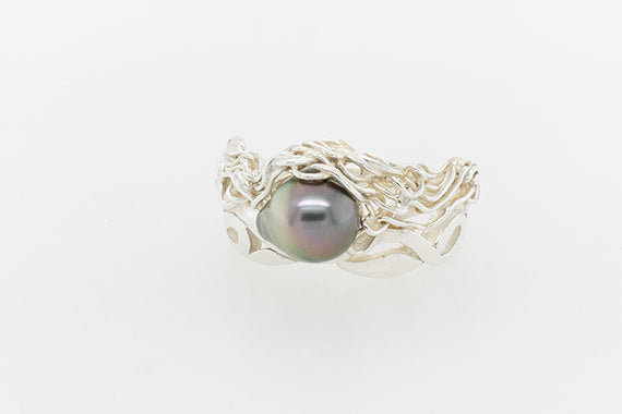Silver Abrolhos Island Black Pearl French Knit Ring