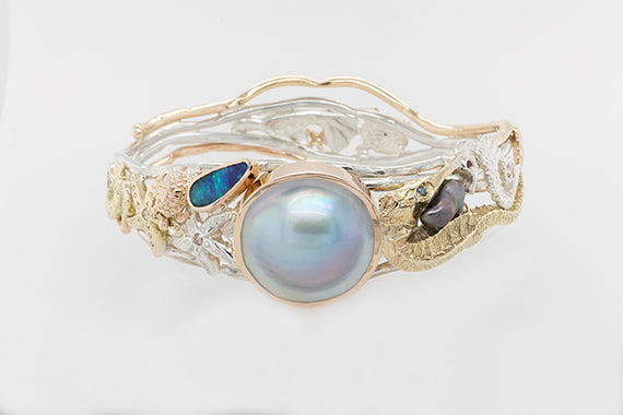 Undersea Opal, Pearl & Diamond Three Tone Bangle