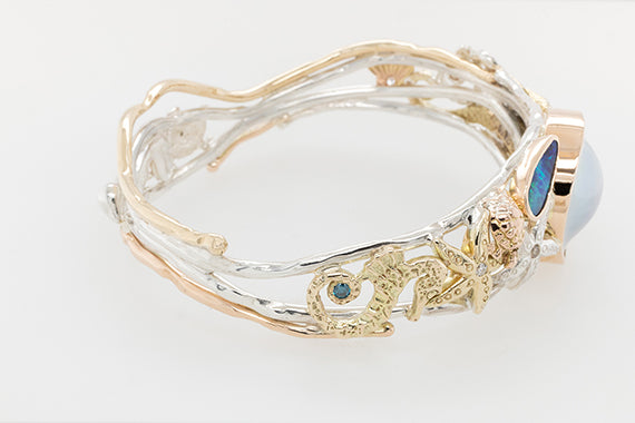 Undersea Opal, Pearl & Diamond Three Tone Bangle