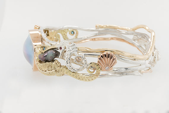 Undersea Opal, Pearl & Diamond Three Tone Bangle
