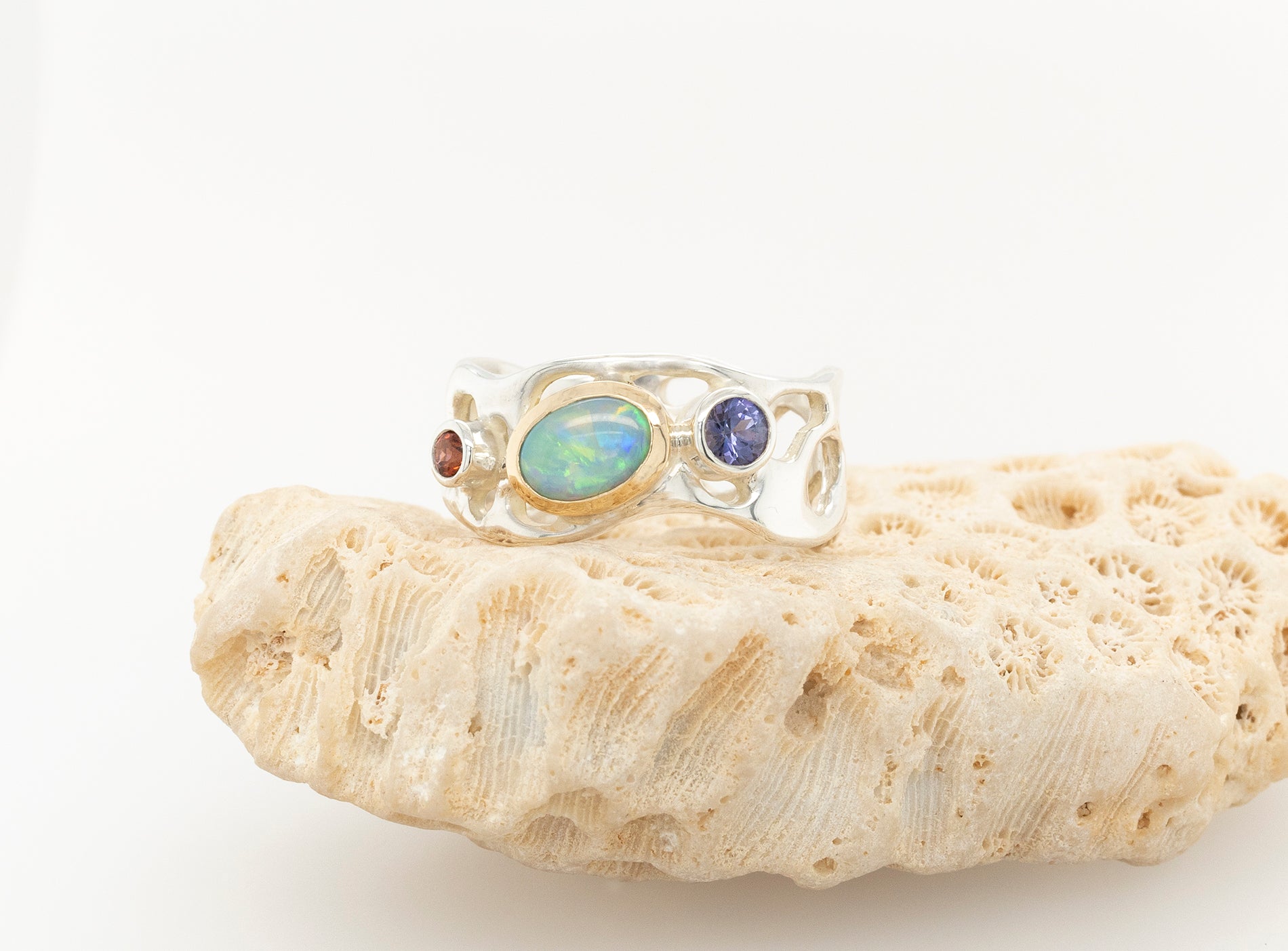Opal, Purple Sapphire and Garnet Ring