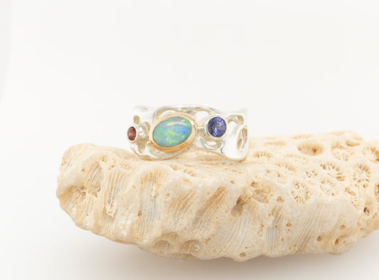 Opal, Purple Sapphire and Garnet Ring