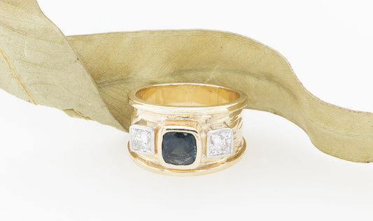 Sapphire & Diamond Embossed Ring