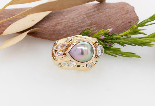 Rainbow Pearl Ring with Pink & White Diamonds