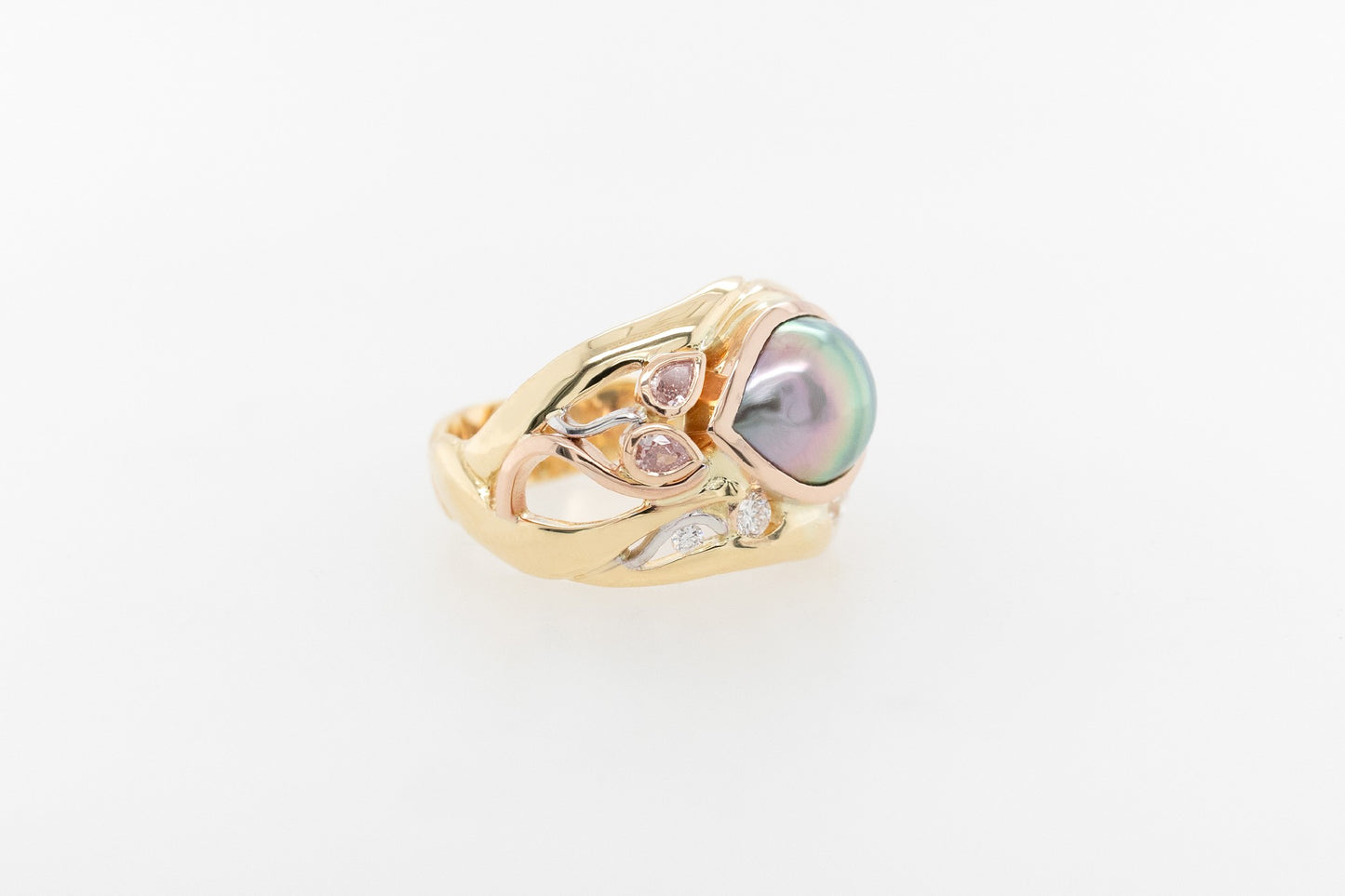 Rainbow Pearl Ring with Pink & White Diamonds