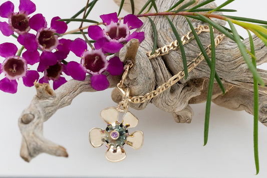 Geraldton Wax Titanium & Pink Sapphire Flower Pendant