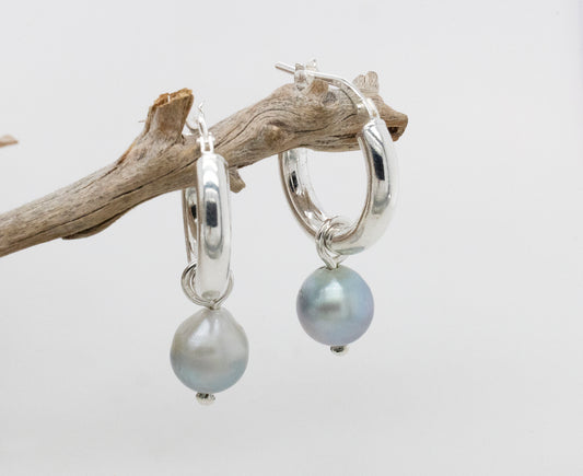 Light Blue Pearl Silver Hoop Earrings