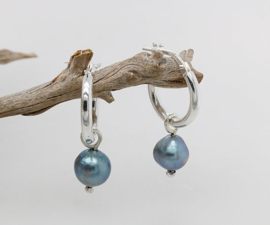 Dark Blue Pearl Hoop Earrings