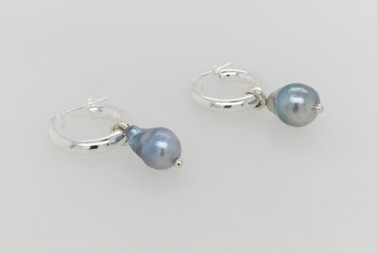 Medium Blue Pearl Hoop Earrings