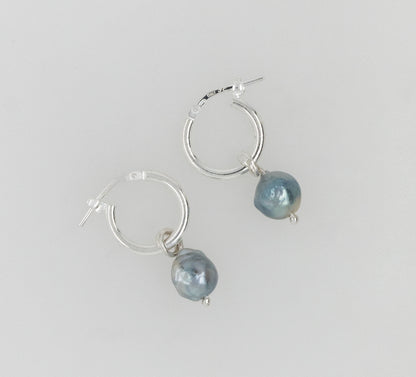 Medium Blue Small Pearl Hoop Earrings