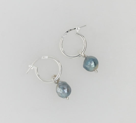 Medium Blue Small Pearl Hoop Earrings